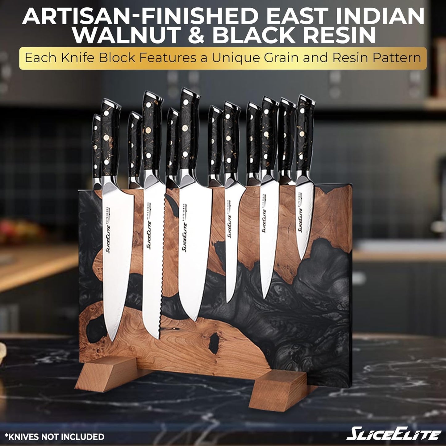 Magnetic Knife Block Double Sided Holder East Indian Walnut Black Resin Dual Surface Magnet Storage for Knives on Kitchen Countertop Holds Up To 20 Knives