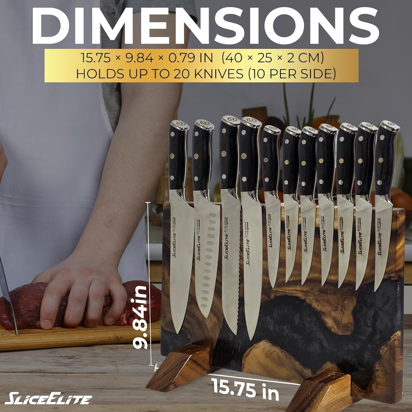Magnetic Knife Block Double Sided Holder East Indian Walnut Black Resin Dual Surface Magnet Storage for Knives on Kitchen Countertop Holds Up To 20 Knives