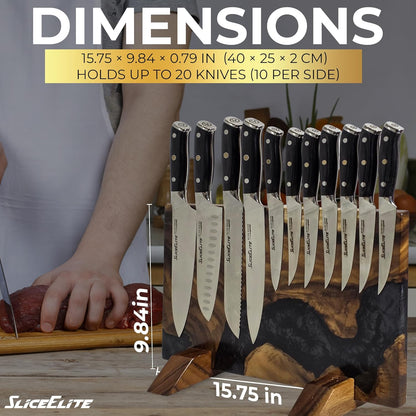 Magnetic Knife Block Double Sided Holder East Indian Walnut Black Resin Dual Surface Magnet Storage for Knives on Kitchen Countertop Holds Up To 20 Knives