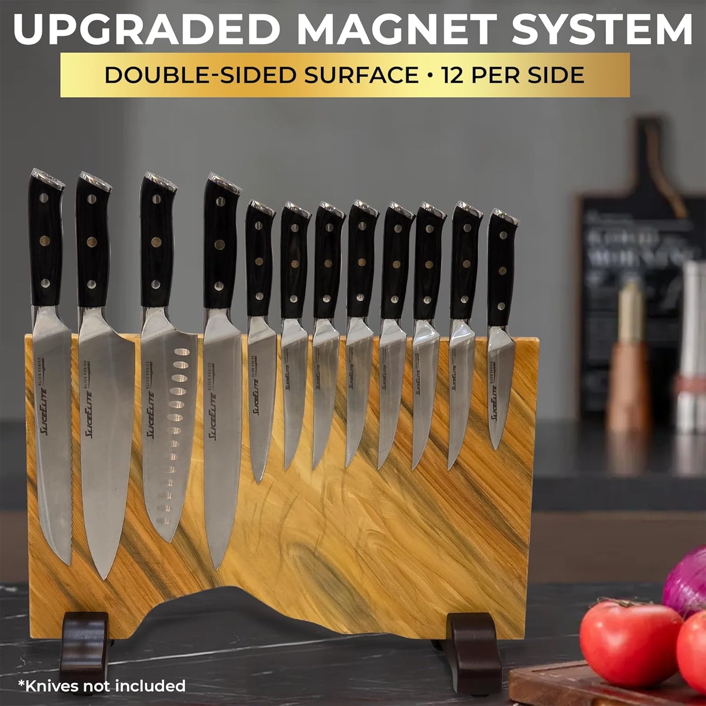 Magnetic Knife Block Double Sided Holder East Indian Walnut Black Resin Dual Surface Magnet Storage for Knives on Kitchen Countertop Holds Up To 20 Knives