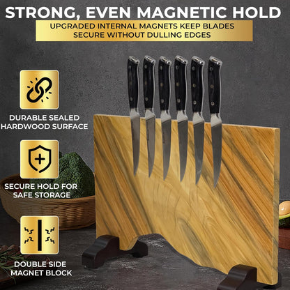 Magnetic Knife Block Double Sided Holder East Indian Walnut Black Resin Dual Surface Magnet Storage for Knives on Kitchen Countertop Holds Up To 20 Knives