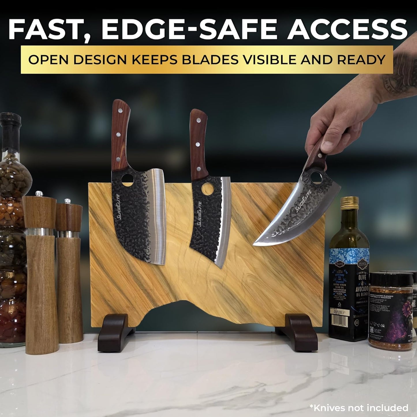 Magnetic Knife Block Double Sided Holder East Indian Walnut Black Resin Dual Surface Magnet Storage for Knives on Kitchen Countertop Holds Up To 20 Knives