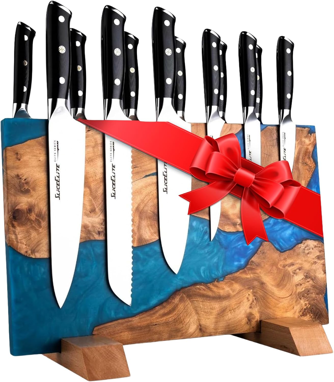 Magnetic Knife Block Double Sided Holder East Indian Walnut Black Resin Dual Surface Magnet Storage for Knives on Kitchen Countertop Holds Up To 20 Knives
