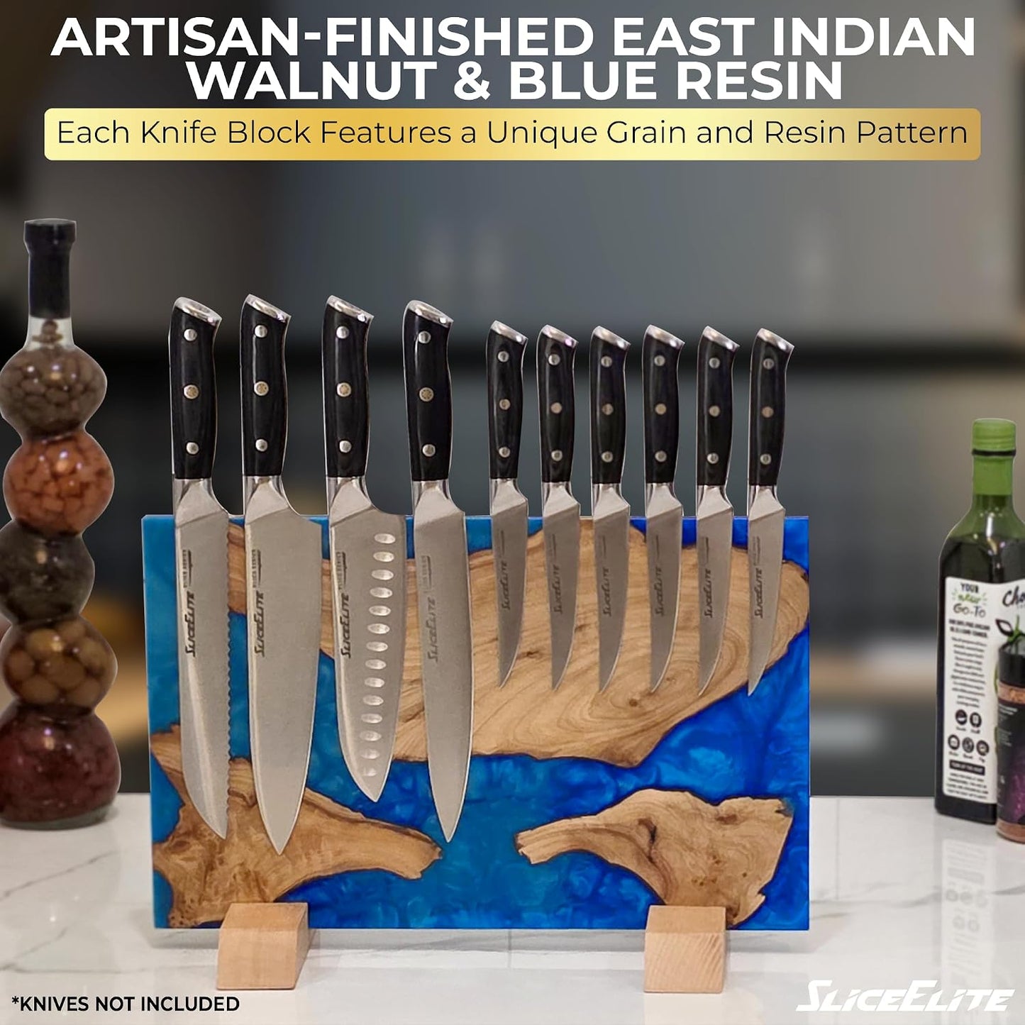 Magnetic Knife Block Double Sided Holder East Indian Walnut Black Resin Dual Surface Magnet Storage for Knives on Kitchen Countertop Holds Up To 20 Knives