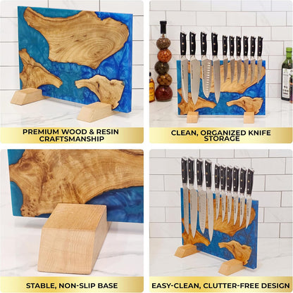 Magnetic Knife Block Double Sided Holder East Indian Walnut Black Resin Dual Surface Magnet Storage for Knives on Kitchen Countertop Holds Up To 20 Knives