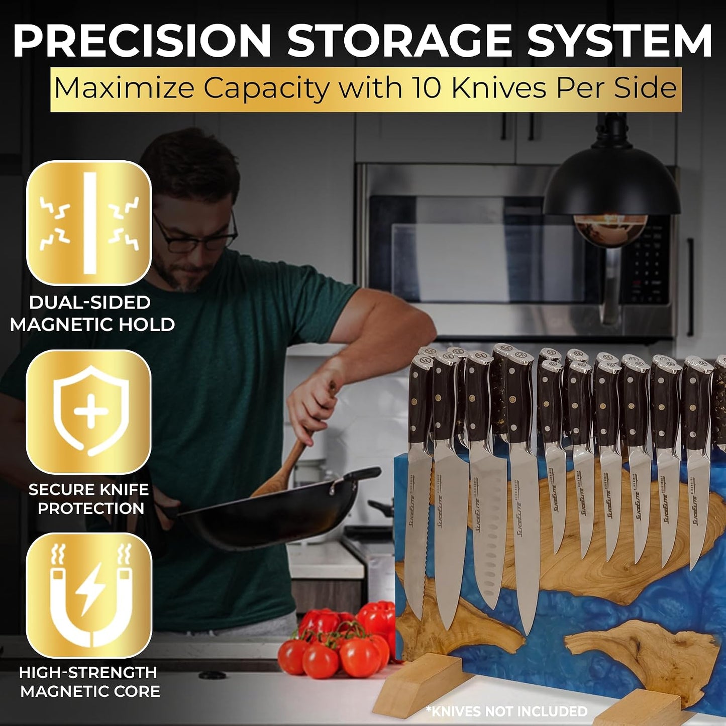 Magnetic Knife Block Double Sided Holder East Indian Walnut Black Resin Dual Surface Magnet Storage for Knives on Kitchen Countertop Holds Up To 20 Knives
