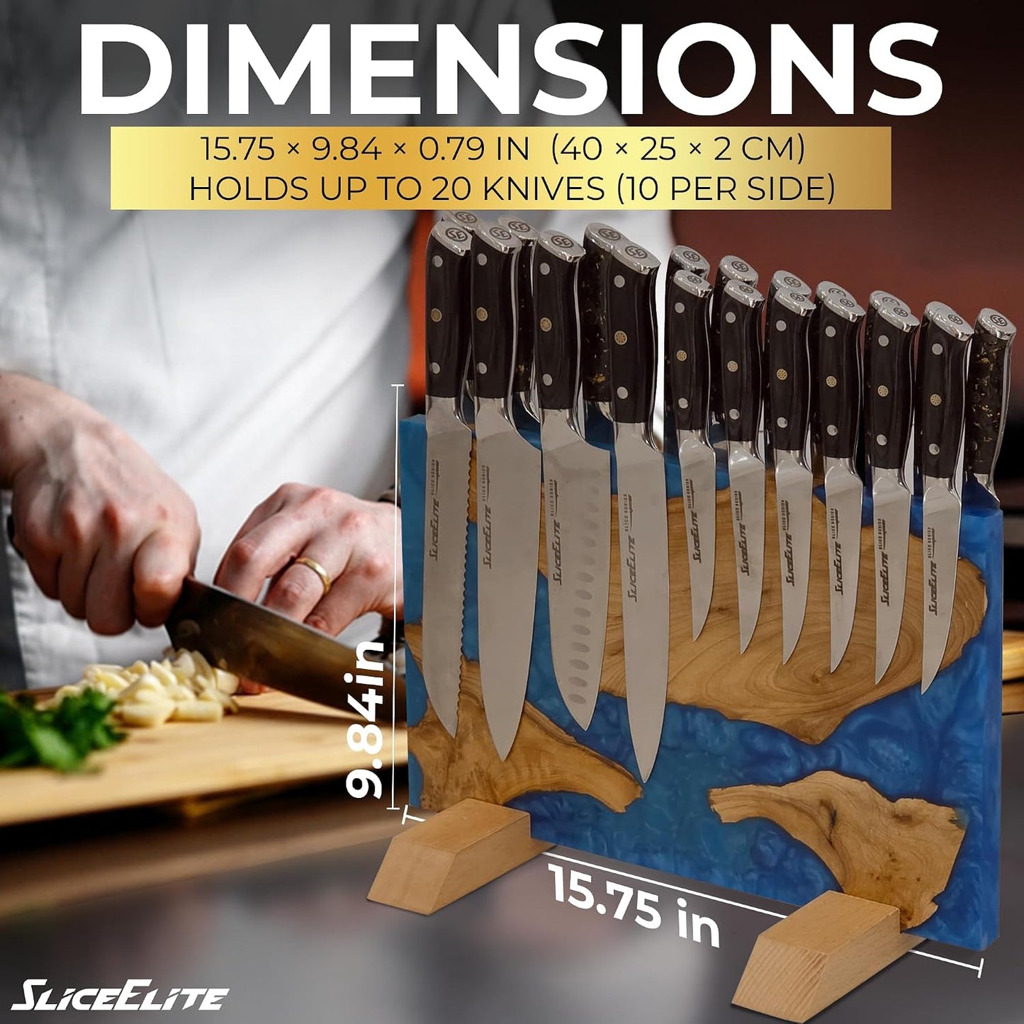 Magnetic Knife Block Double Sided Holder East Indian Walnut Black Resin Dual Surface Magnet Storage for Knives on Kitchen Countertop Holds Up To 20 Knives