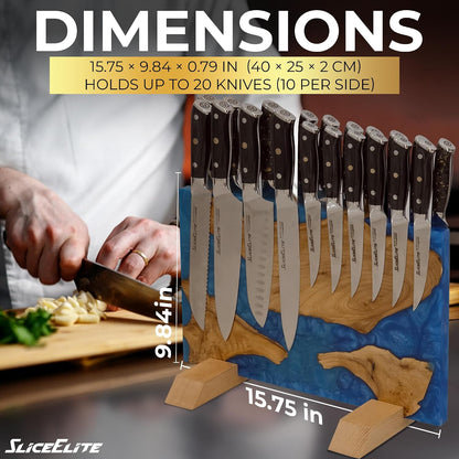 Magnetic Knife Block Double Sided Holder East Indian Walnut Black Resin Dual Surface Magnet Storage for Knives on Kitchen Countertop Holds Up To 20 Knives