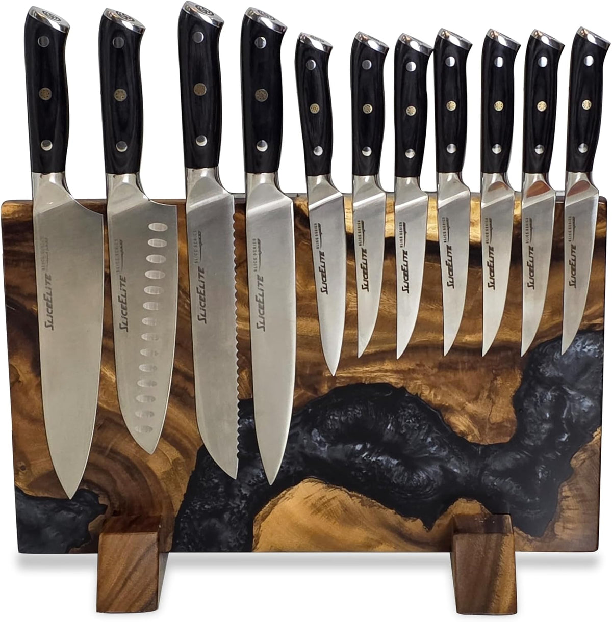 Magnetic Knife Block Double Sided Holder East Indian Walnut Black Resin Dual Surface Magnet Storage for Knives on Kitchen Countertop Holds Up To 20 Knives