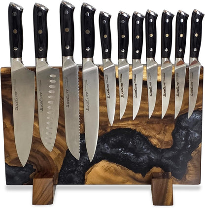 Magnetic Knife Block Double Sided Holder East Indian Walnut Black Resin Dual Surface Magnet Storage for Knives on Kitchen Countertop Holds Up To 20 Knives