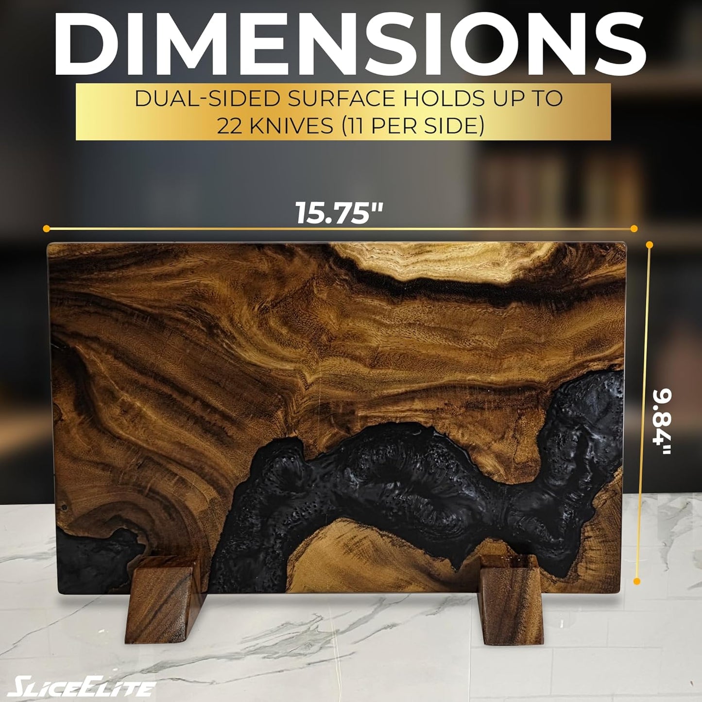 Magnetic Knife Block Double Sided Holder East Indian Walnut Black Resin Dual Surface Magnet Storage for Knives on Kitchen Countertop Holds Up To 20 Knives