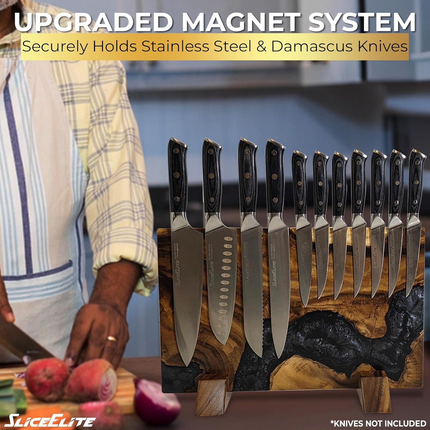 Magnetic Knife Block Double Sided Holder East Indian Walnut Black Resin Dual Surface Magnet Storage for Knives on Kitchen Countertop Holds Up To 20 Knives