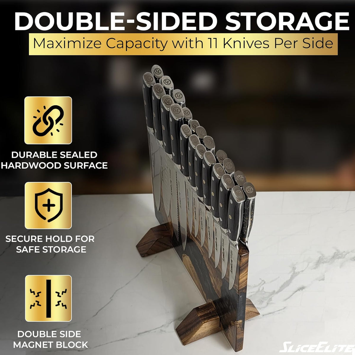Magnetic Knife Block Double Sided Holder East Indian Walnut Black Resin Dual Surface Magnet Storage for Knives on Kitchen Countertop Holds Up To 20 Knives