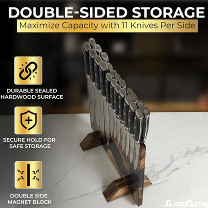 Magnetic Knife Block Double Sided Holder East Indian Walnut Black Resin Dual Surface Magnet Storage for Knives on Kitchen Countertop Holds Up To 20 Knives