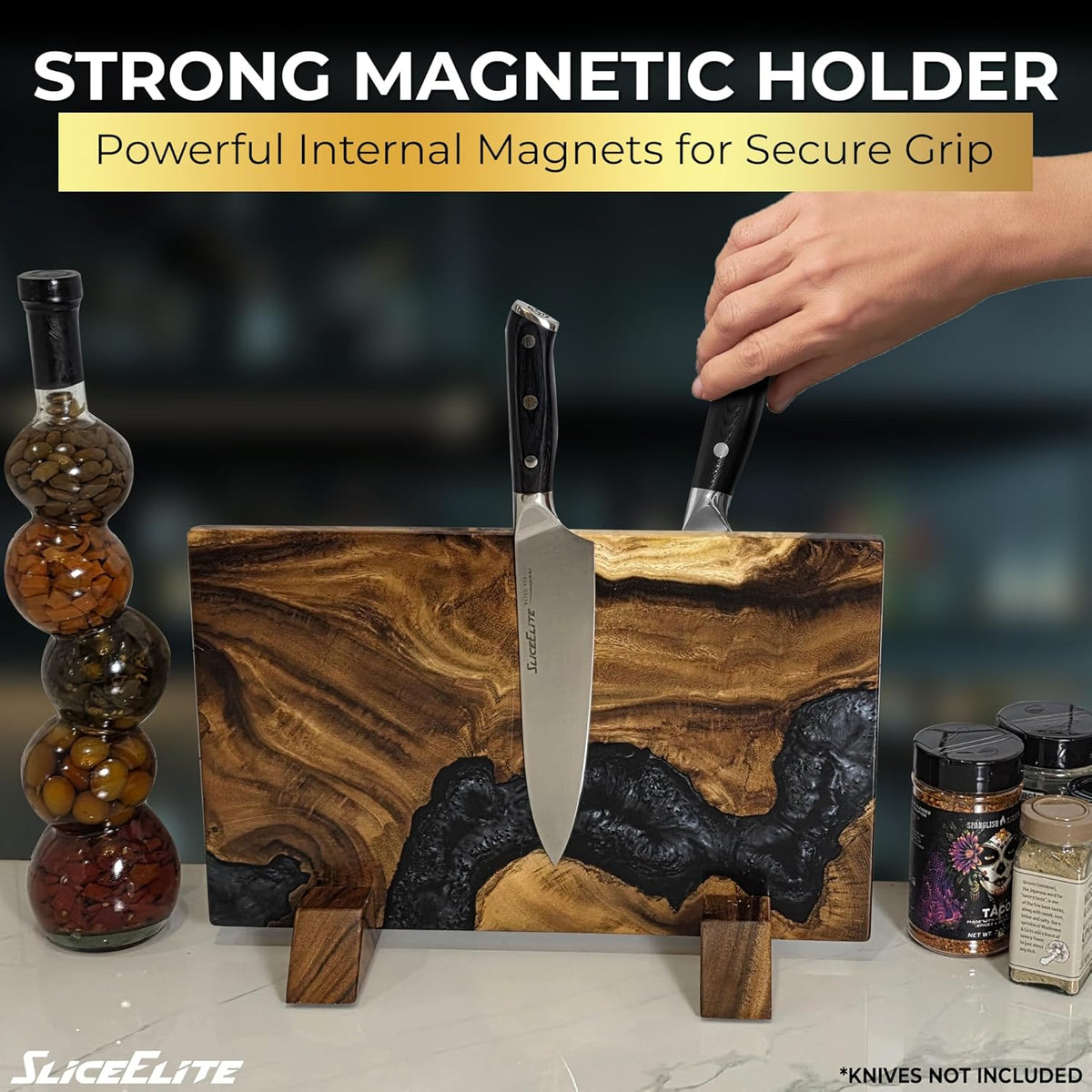 Magnetic Knife Block Double Sided Holder East Indian Walnut Black Resin Dual Surface Magnet Storage for Knives on Kitchen Countertop Holds Up To 20 Knives