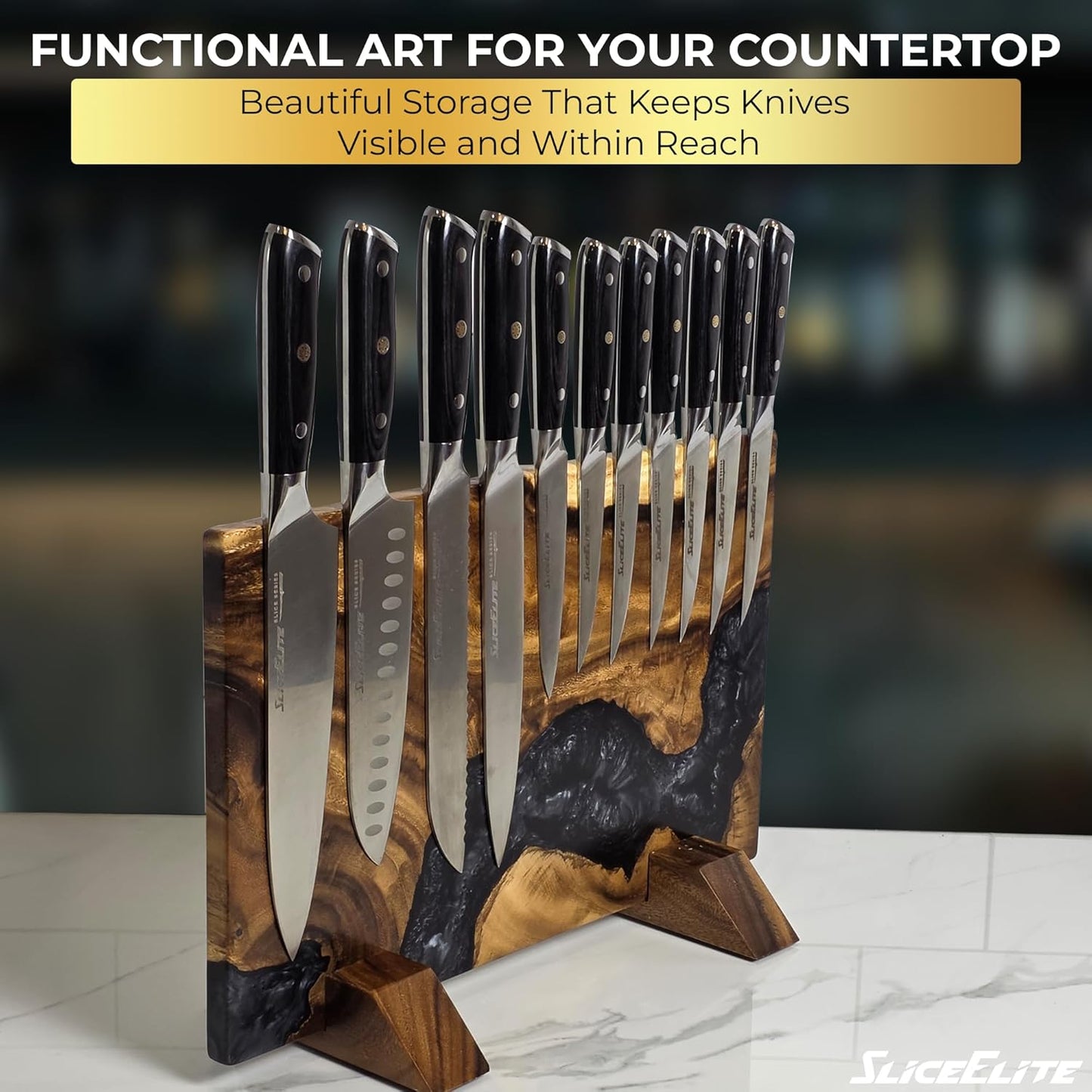 Magnetic Knife Block Double Sided Holder East Indian Walnut Black Resin Dual Surface Magnet Storage for Knives on Kitchen Countertop Holds Up To 20 Knives