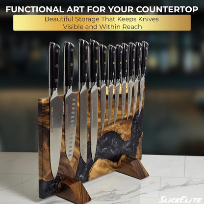 Magnetic Knife Block Double Sided Holder East Indian Walnut Black Resin Dual Surface Magnet Storage for Knives on Kitchen Countertop Holds Up To 20 Knives