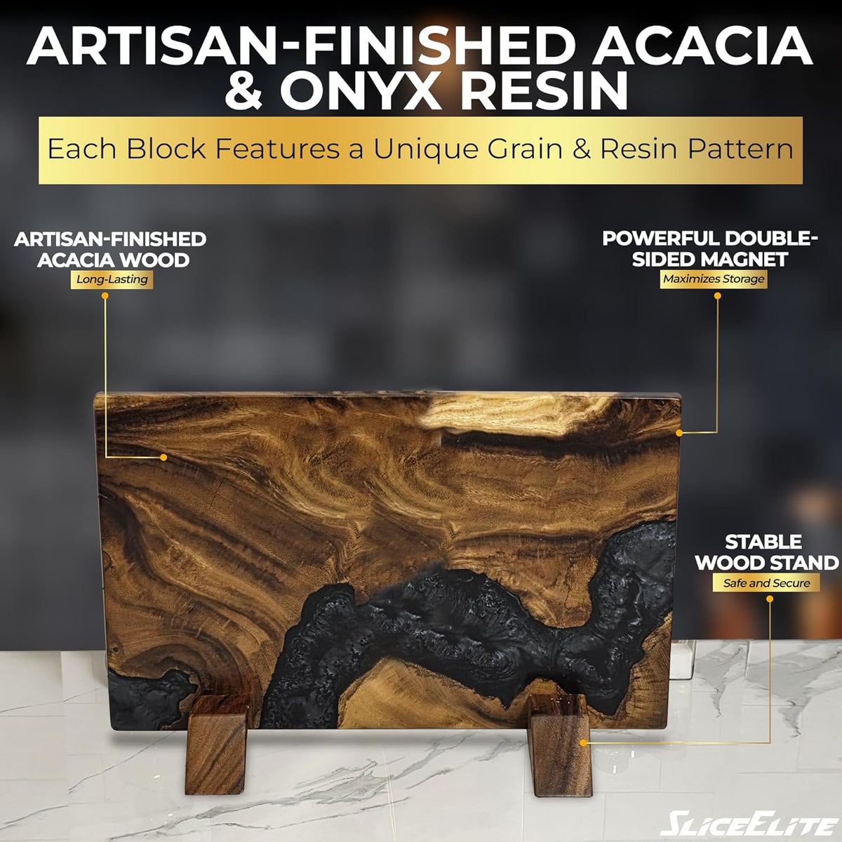 Magnetic Knife Block Double Sided Holder East Indian Walnut Black Resin Dual Surface Magnet Storage for Knives on Kitchen Countertop Holds Up To 20 Knives