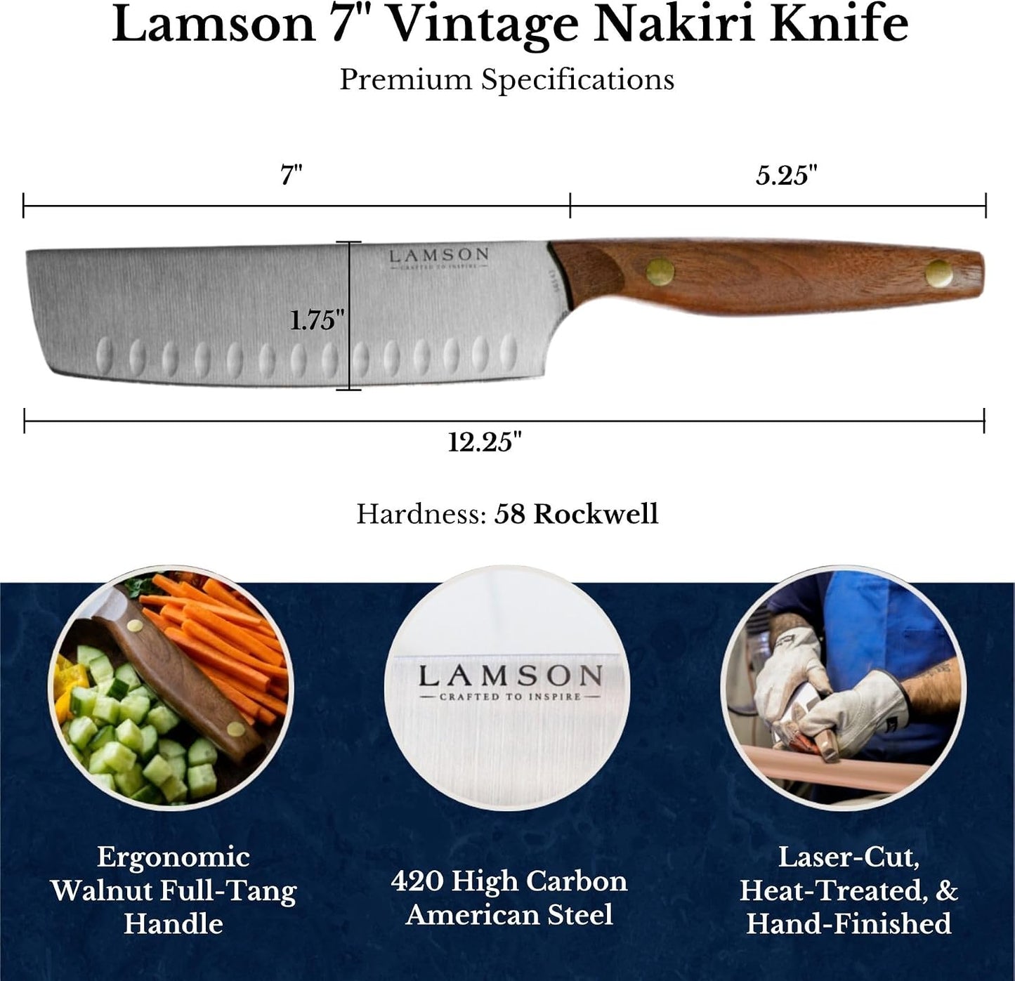 Lamson 7" Vintage Nakiri Knife with Kullenschliff (Hollow) Edge with Walnut Handle