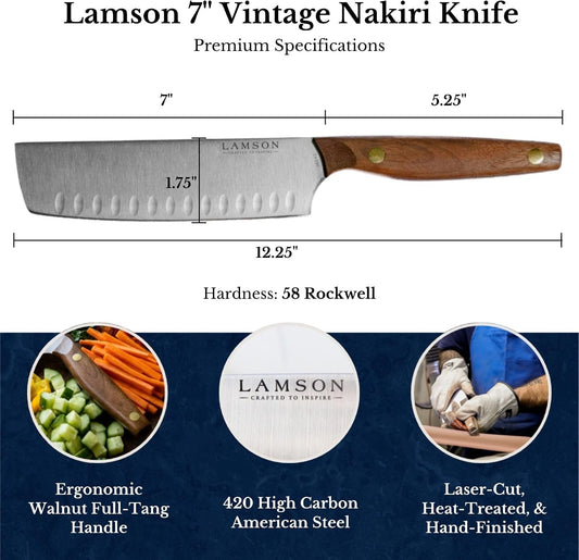 Lamson 7" Vintage Nakiri Knife with Kullenschliff (Hollow) Edge with Walnut Handle