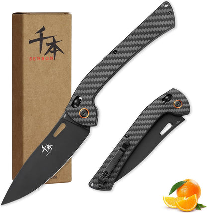 foldable chef's knife, AUS-8 stainless steel with black titanium plating, carbon fiber handle with back clip, portable outdoor folding fruit petty knife