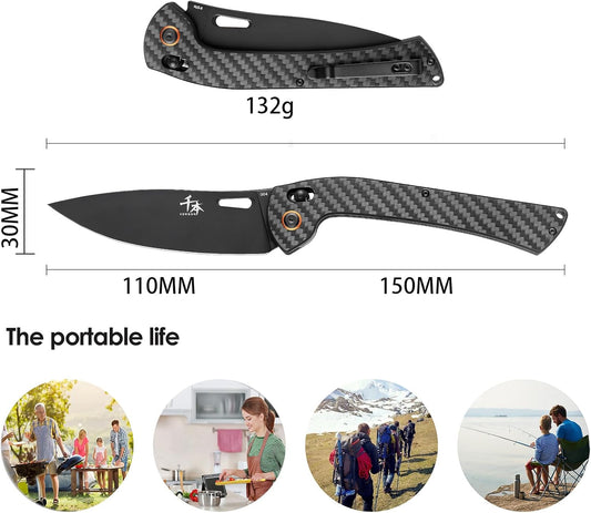 foldable chef's knife, AUS-8 stainless steel with black titanium plating, carbon fiber handle with back clip, portable outdoor folding fruit petty knife
