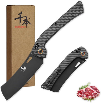 foldable chef's knife, AUS-8 stainless steel with black titanium plating, carbon fiber handle with back clip, portable outdoor folding fruit petty knife