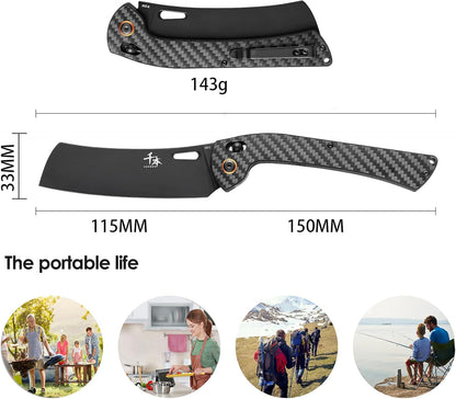 foldable chef's knife, AUS-8 stainless steel with black titanium plating, carbon fiber handle with back clip, portable outdoor folding fruit petty knife