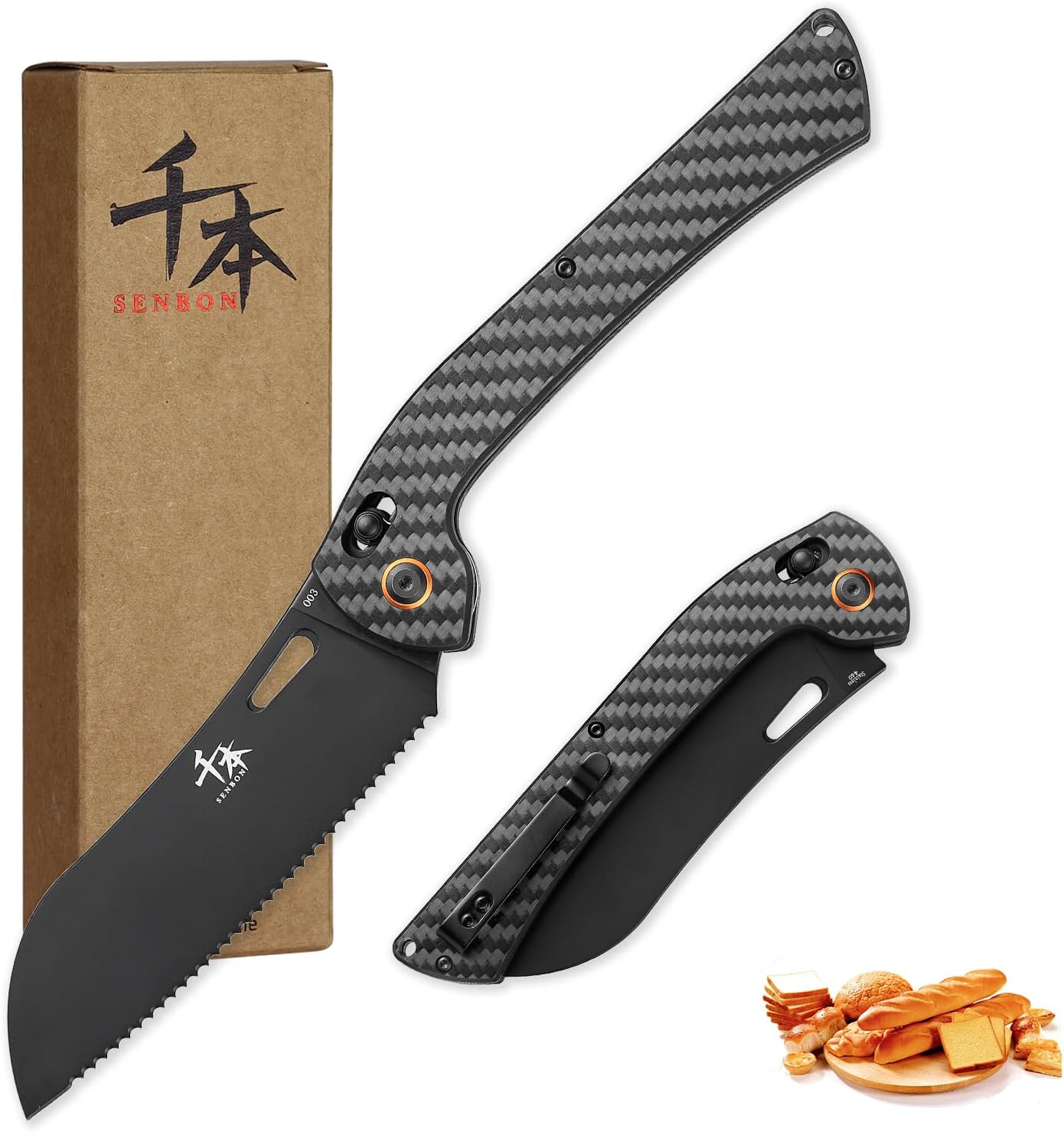 foldable chef's knife, AUS-8 stainless steel with black titanium plating, carbon fiber handle with back clip, portable outdoor folding fruit petty knife