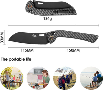 foldable chef's knife, AUS-8 stainless steel with black titanium plating, carbon fiber handle with back clip, portable outdoor folding fruit petty knife