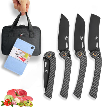 foldable chef's knife, AUS-8 stainless steel with black titanium plating, carbon fiber handle with back clip, portable outdoor folding fruit petty knife