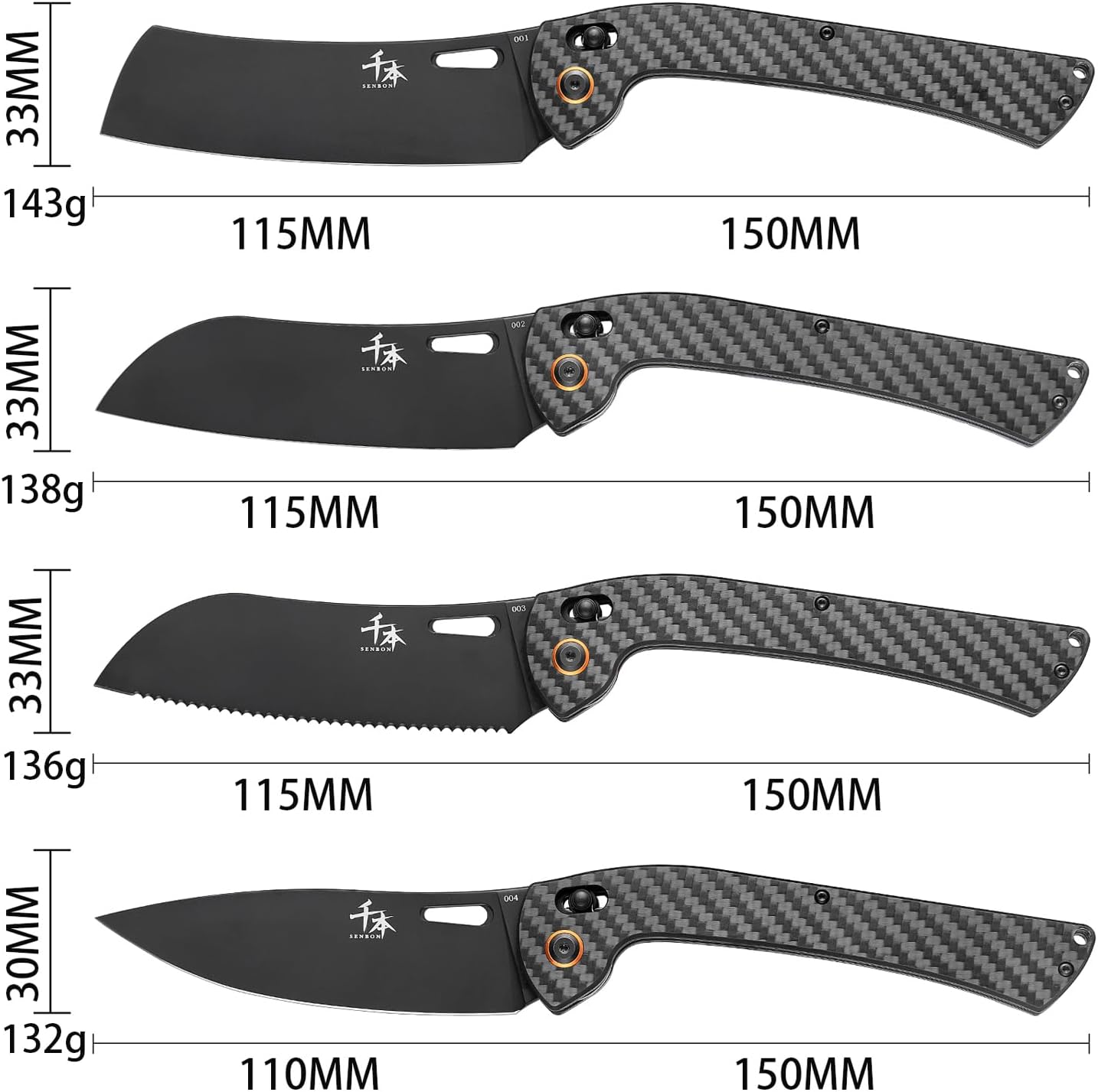foldable chef's knife, AUS-8 stainless steel with black titanium plating, carbon fiber handle with back clip, portable outdoor folding fruit petty knife