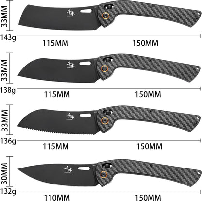 foldable chef's knife, AUS-8 stainless steel with black titanium plating, carbon fiber handle with back clip, portable outdoor folding fruit petty knife