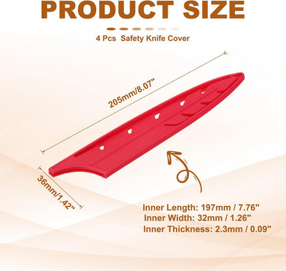 ABS Safety Knife Cover Sleeves for 8" Chef Knife, Universal Chopping Edge Guard Blade Protector Sheath for Kitchen Bar, Red, 19.7cm L, Pack of 4
