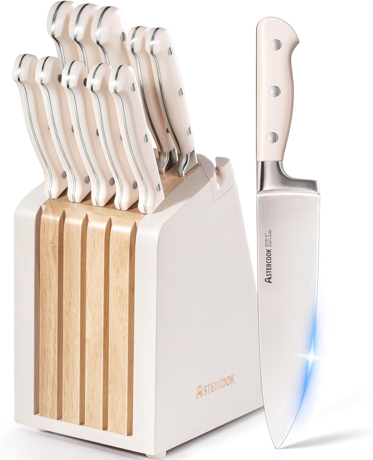Knife Set, Kitchen Knife Set with Block and Sharpener, 12 Pcs Ultra-Sharp High Carbon Stainless Steel Knife Block Set with Non-Slip Full Tang Ergonomic Handle, Cream White Cutlery Set
