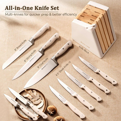 Knife Set, Kitchen Knife Set with Block and Sharpener, 12 Pcs Ultra-Sharp High Carbon Stainless Steel Knife Block Set with Non-Slip Full Tang Ergonomic Handle, Cream White Cutlery Set