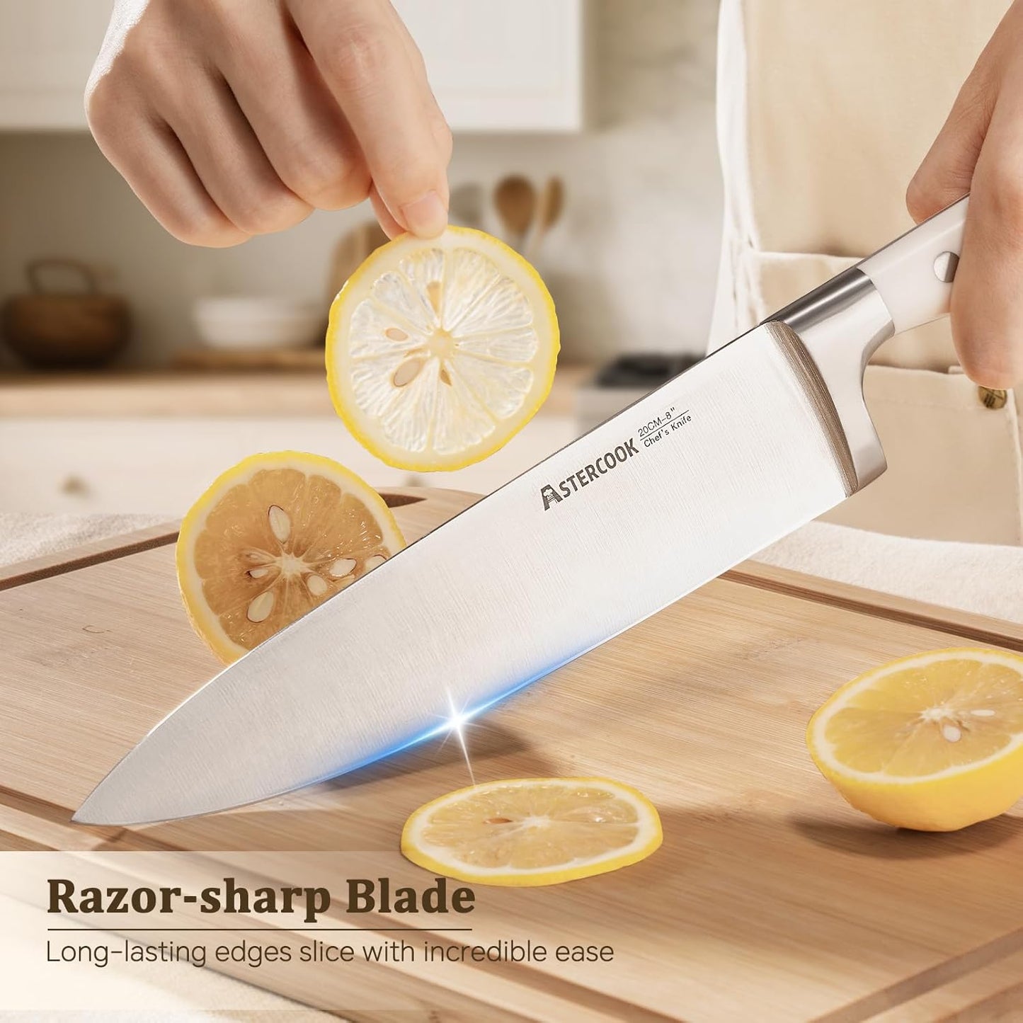 Knife Set, Kitchen Knife Set with Block and Sharpener, 12 Pcs Ultra-Sharp High Carbon Stainless Steel Knife Block Set with Non-Slip Full Tang Ergonomic Handle, Cream White Cutlery Set