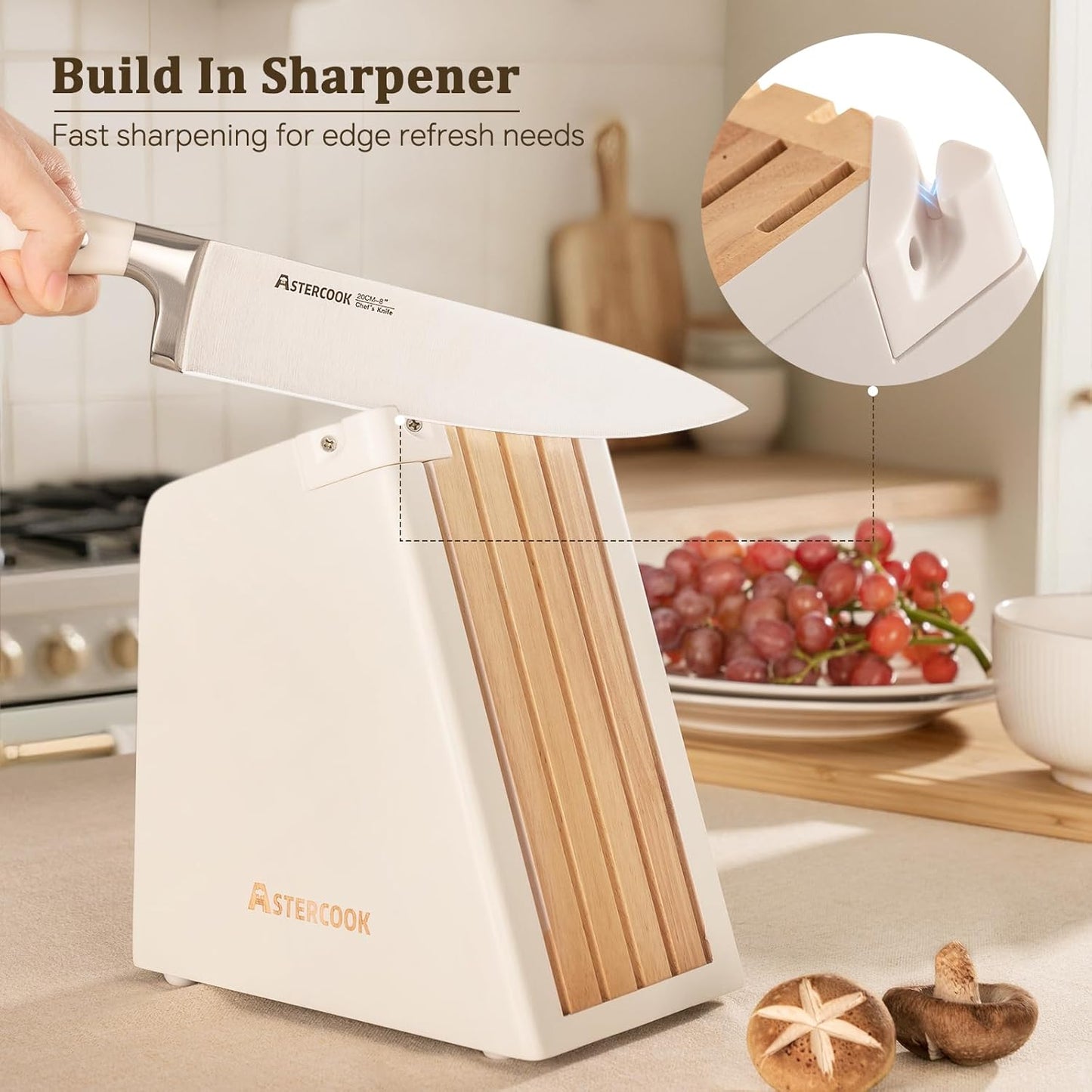 Knife Set, Kitchen Knife Set with Block and Sharpener, 12 Pcs Ultra-Sharp High Carbon Stainless Steel Knife Block Set with Non-Slip Full Tang Ergonomic Handle, Cream White Cutlery Set