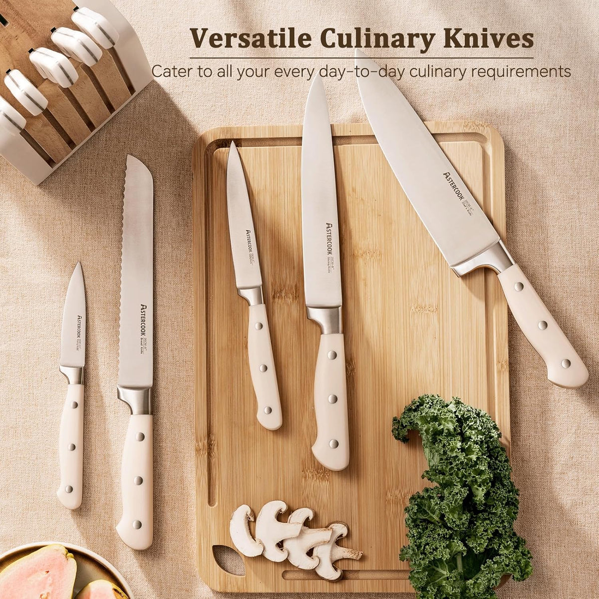 Knife Set, Kitchen Knife Set with Block and Sharpener, 12 Pcs Ultra-Sharp High Carbon Stainless Steel Knife Block Set with Non-Slip Full Tang Ergonomic Handle, Cream White Cutlery Set