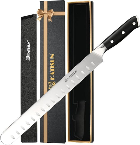 Brisket Knife, 12 Inch Carving & Slicing Knife for Meat Cutting, BBQ, Razor Sharp German Steel, Sheath Included, Ergonomic Handle Design, Grilling Gifts for Men