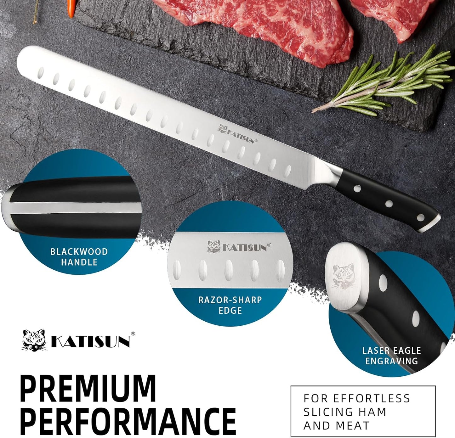 Brisket Knife, 12 Inch Carving & Slicing Knife for Meat Cutting, BBQ, Razor Sharp German Steel, Sheath Included, Ergonomic Handle Design, Grilling Gifts for Men