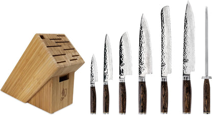 Premier 8 Piece Professional Block Set | Includes 6 Premier Knives, Honing Steel and 11-Slot Bamboo Knife Block, Handcrafted, Pakkawood Handle