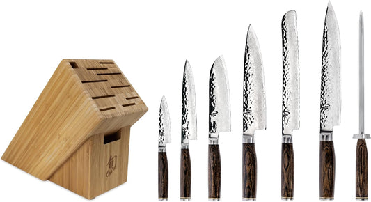 Premier 8 Piece Professional Block Set | Includes 6 Premier Knives, Honing Steel and 11-Slot Bamboo Knife Block, Handcrafted, Pakkawood Handle