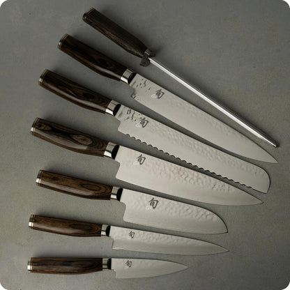 Premier 8 Piece Professional Block Set | Includes 6 Premier Knives, Honing Steel and 11-Slot Bamboo Knife Block, Handcrafted, Pakkawood Handle