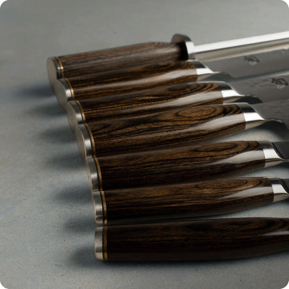 Premier 8 Piece Professional Block Set | Includes 6 Premier Knives, Honing Steel and 11-Slot Bamboo Knife Block, Handcrafted, Pakkawood Handle