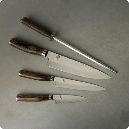 Premier 8 Piece Professional Block Set | Includes 6 Premier Knives, Honing Steel and 11-Slot Bamboo Knife Block, Handcrafted, Pakkawood Handle