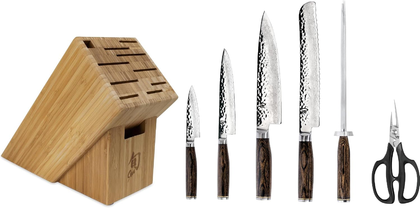 Premier 8 Piece Professional Block Set | Includes 6 Premier Knives, Honing Steel and 11-Slot Bamboo Knife Block, Handcrafted, Pakkawood Handle