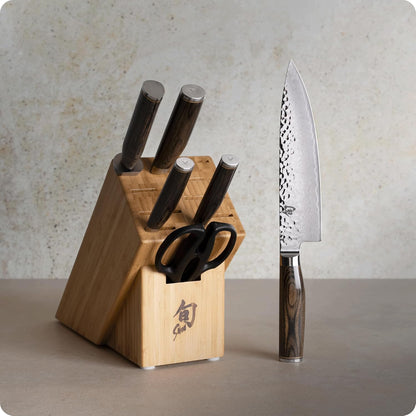 Premier 8 Piece Professional Block Set | Includes 6 Premier Knives, Honing Steel and 11-Slot Bamboo Knife Block, Handcrafted, Pakkawood Handle