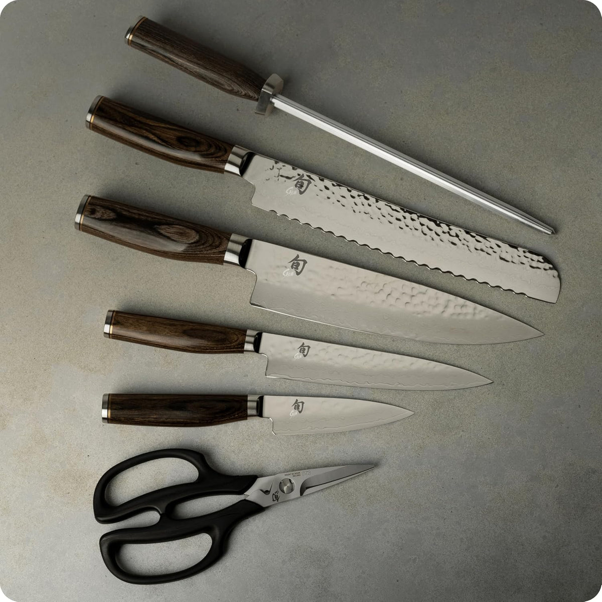 Premier 8 Piece Professional Block Set | Includes 6 Premier Knives, Honing Steel and 11-Slot Bamboo Knife Block, Handcrafted, Pakkawood Handle