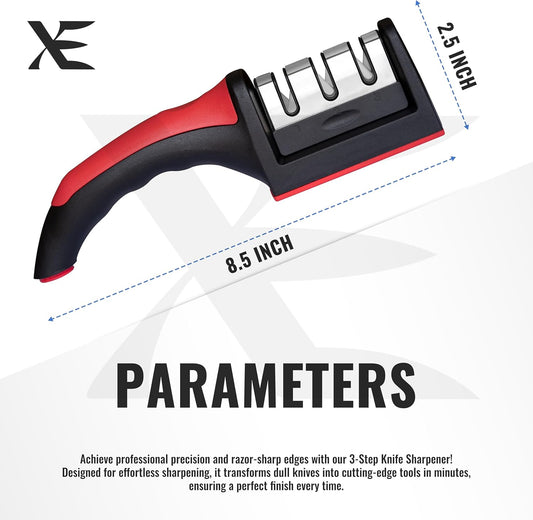 XE Kitchen Knife Sharpener – 3 Stage Manual Knife Sharpeners for Sharpening Home and Restaurant Knives - Ceramic Stone, Tungsten Carbide Plates Knife Sharpener Tool